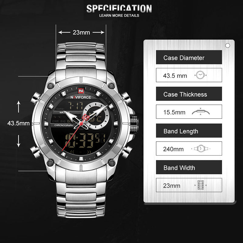 NAVIFORCE-Relógio de pulso digital LED impermeável masculino, quartzo, relógio masculino, militar, exército, esporte, marca de topo, luxo, presente, original, 9232